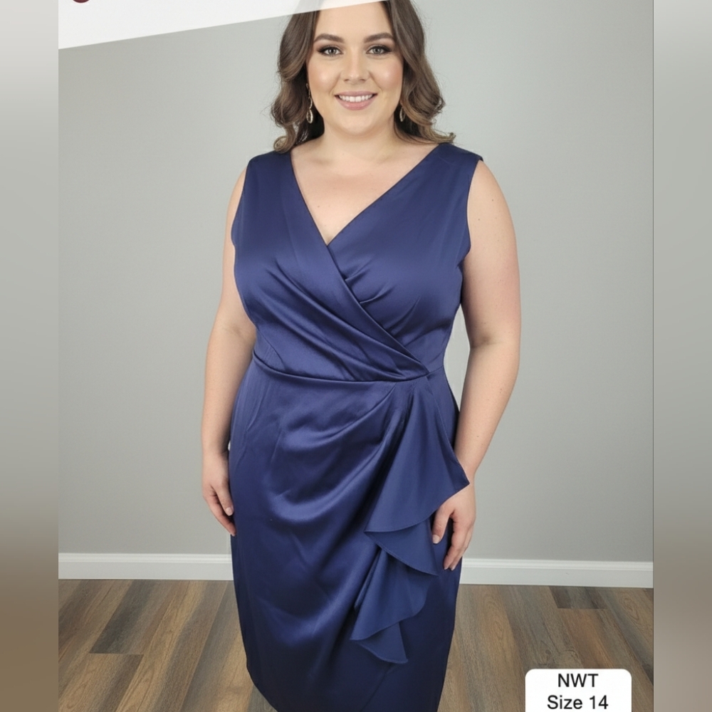 NWT Atelier Danielle Navy Blue Satin Faux Wrap Cocktail Dress - Size 14
